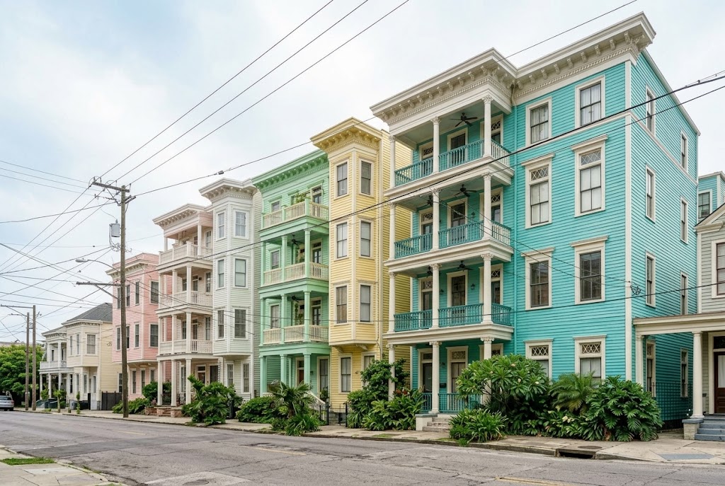 Low-rise multifamily apartment building with landscaped grounds
