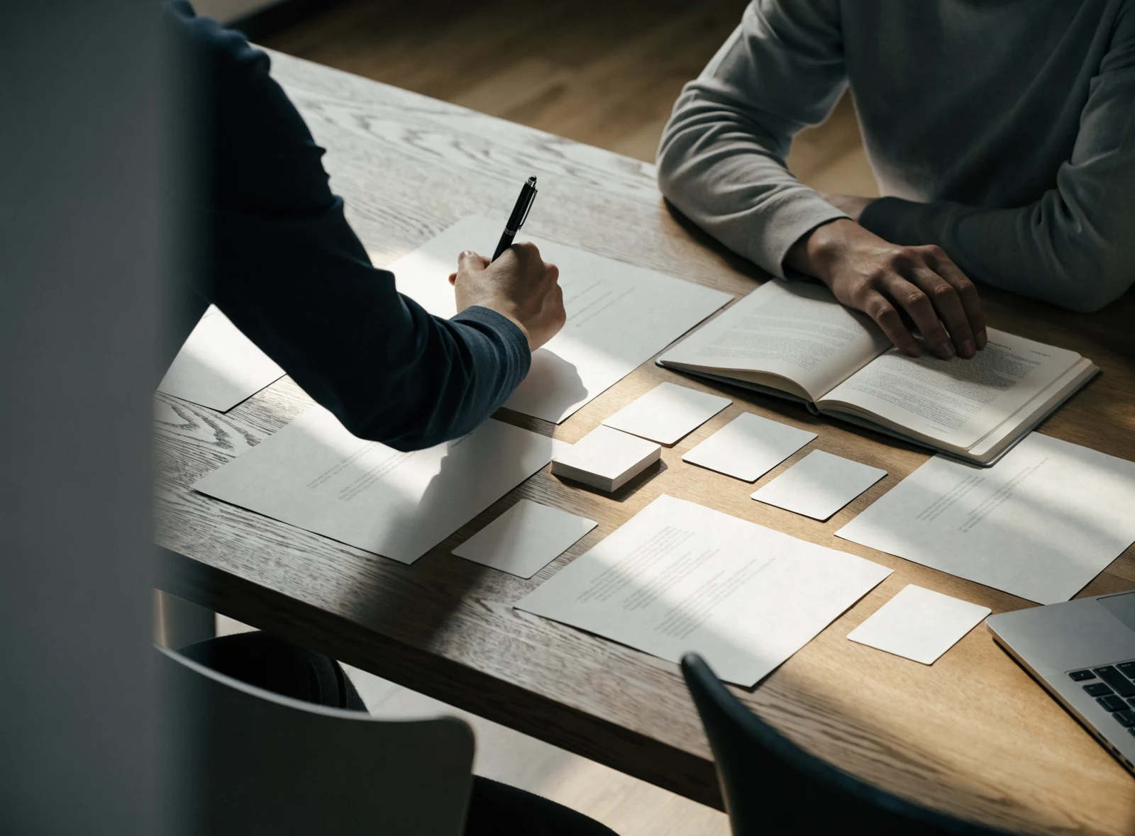 Illustrative Zusammenarbeit an einem Tisch mit Prozessunterlagen und Laptop