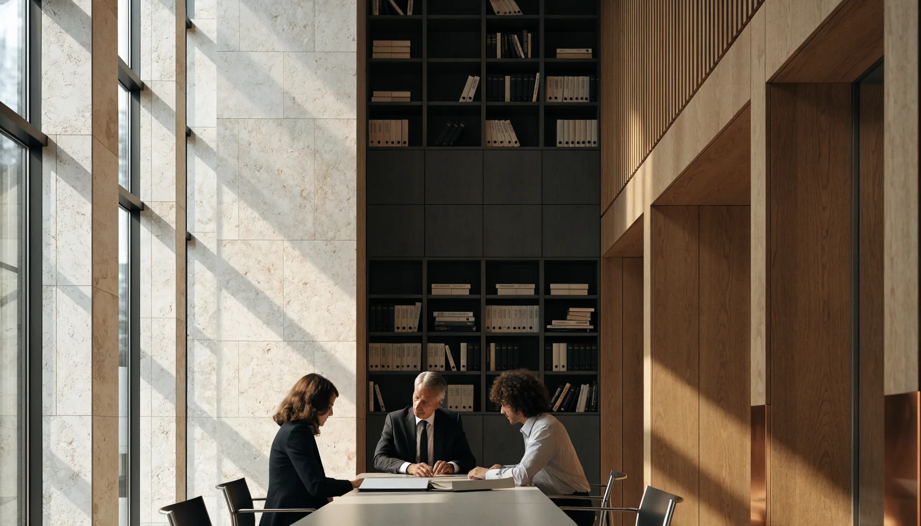 Illustrative Arbeitssituation: Ein Prüfungsteam bespricht fachliche Sachverhalte an einem großen Arbeitstisch