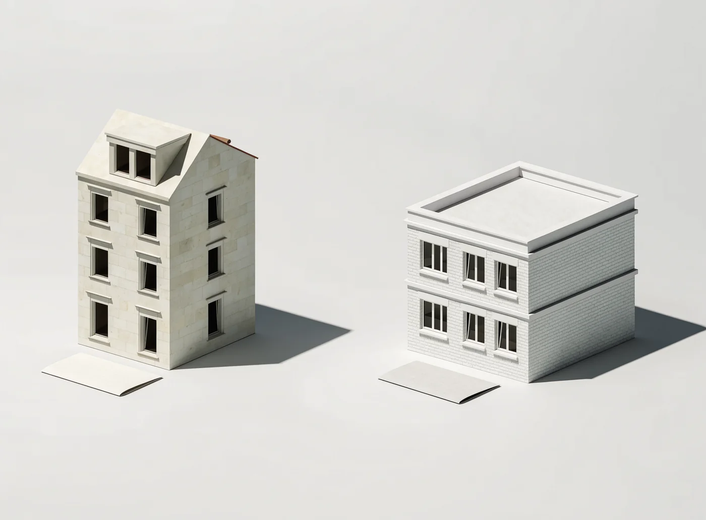 KI-Illustration: zwei unterschiedliche Gebäude als Sinnbild für getrennte Vermietungsobjekte