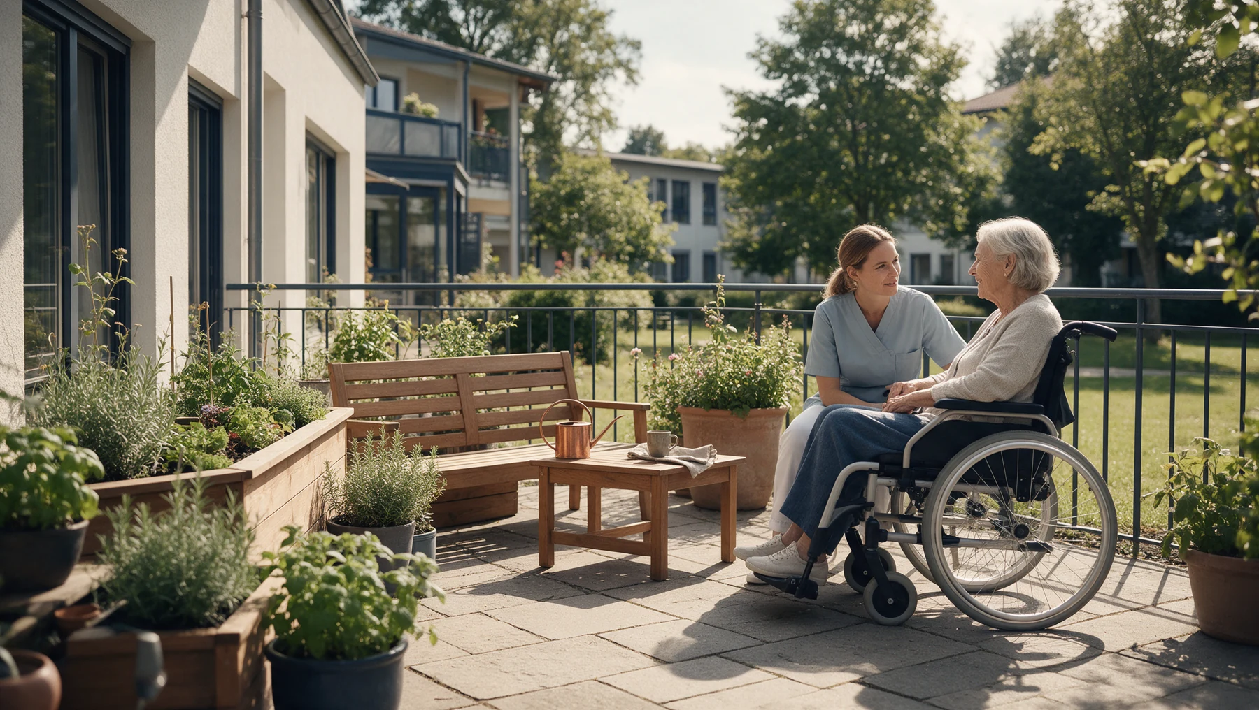 Pflegefachkraft im Gespräch mit einer älteren Bewohnerin auf einer begrünten Terrasse