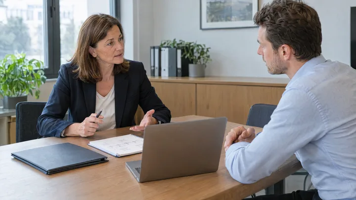 Zwei Personen besprechen Unterlagen und ein geplantes Vorhaben am Besprechungstisch.