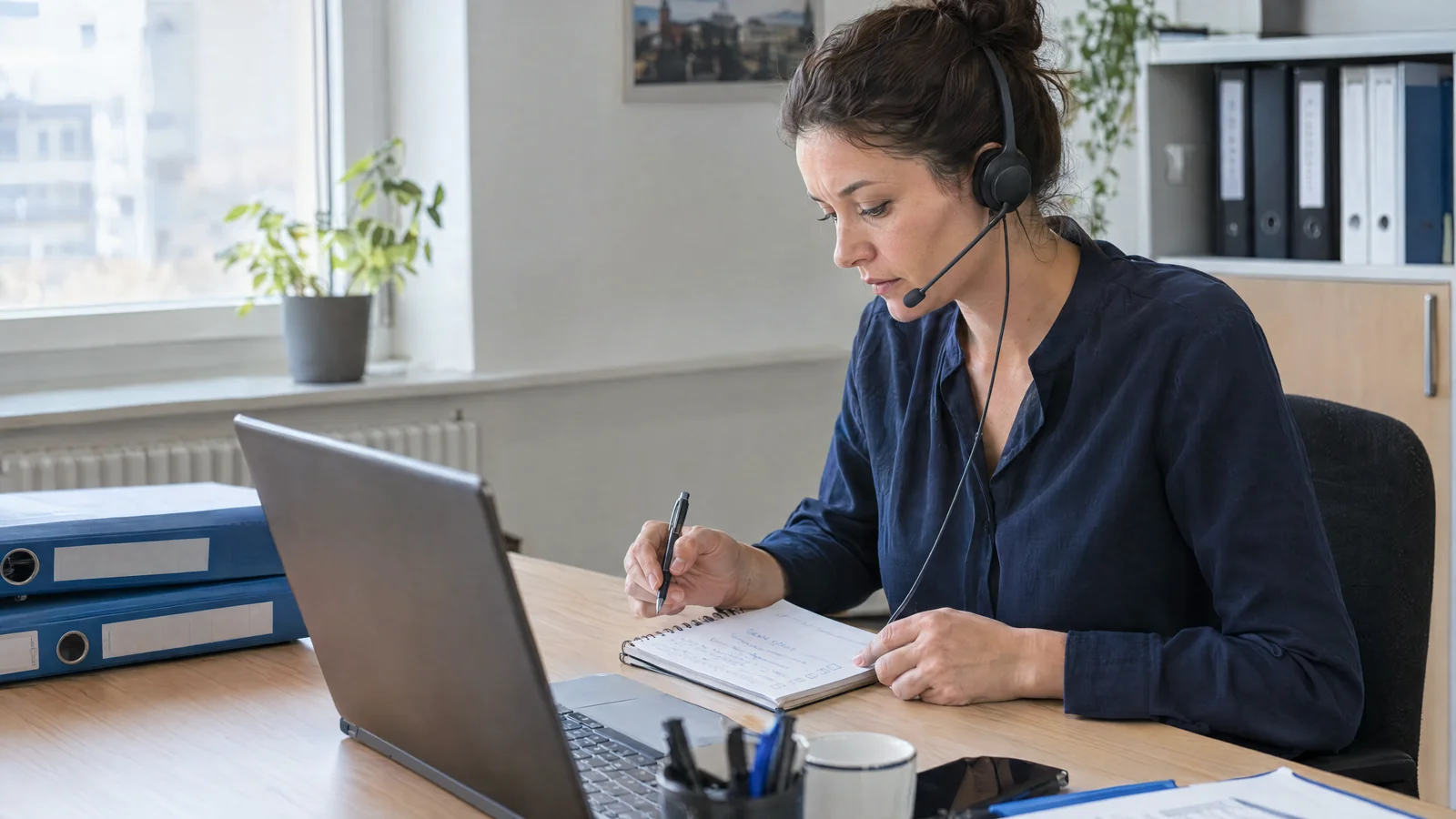 Eine Kanzleimitarbeiterin bearbeitet mit Headset eine Rückfrage und macht sich Notizen.
