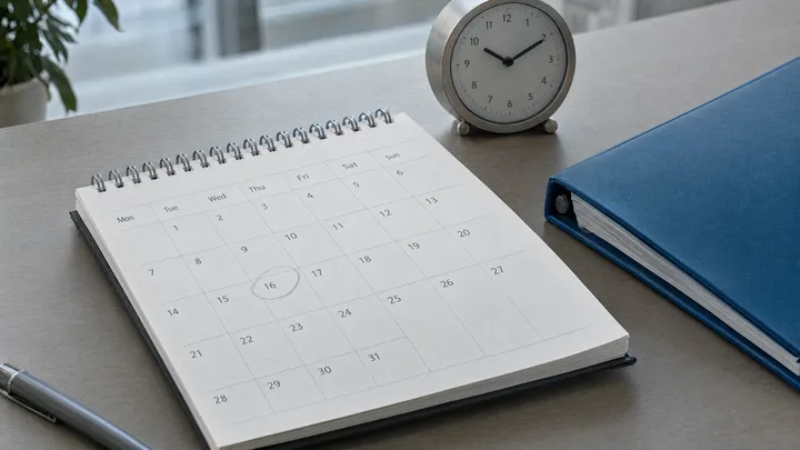 Ein Kalender und eine Uhr veranschaulichen die zeitliche Einordnung von Unterlagen.