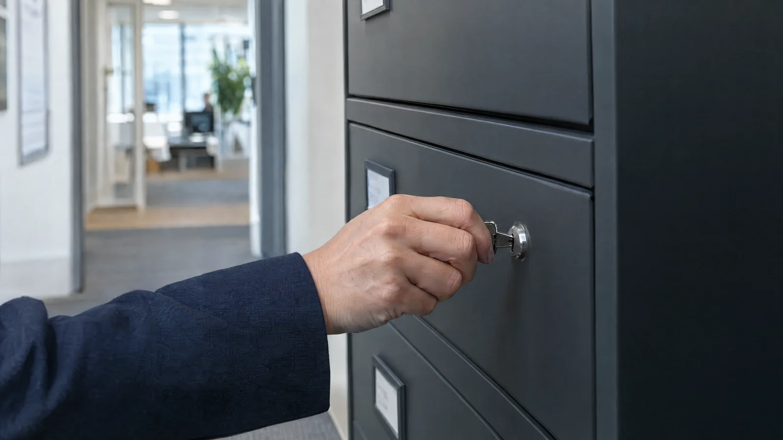 Eine Hand schließt einen Aktenschrank mit einem Schlüssel ab.