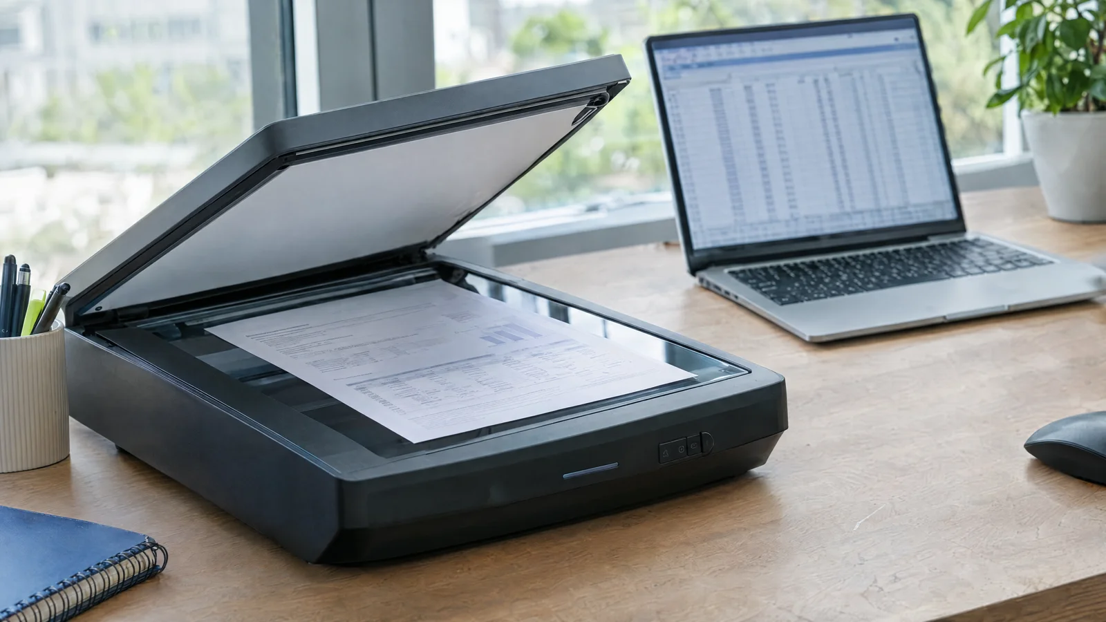 Ein Scanner und ein Laptop zeigen die Übernahme von Papierdaten in eine Tabelle.