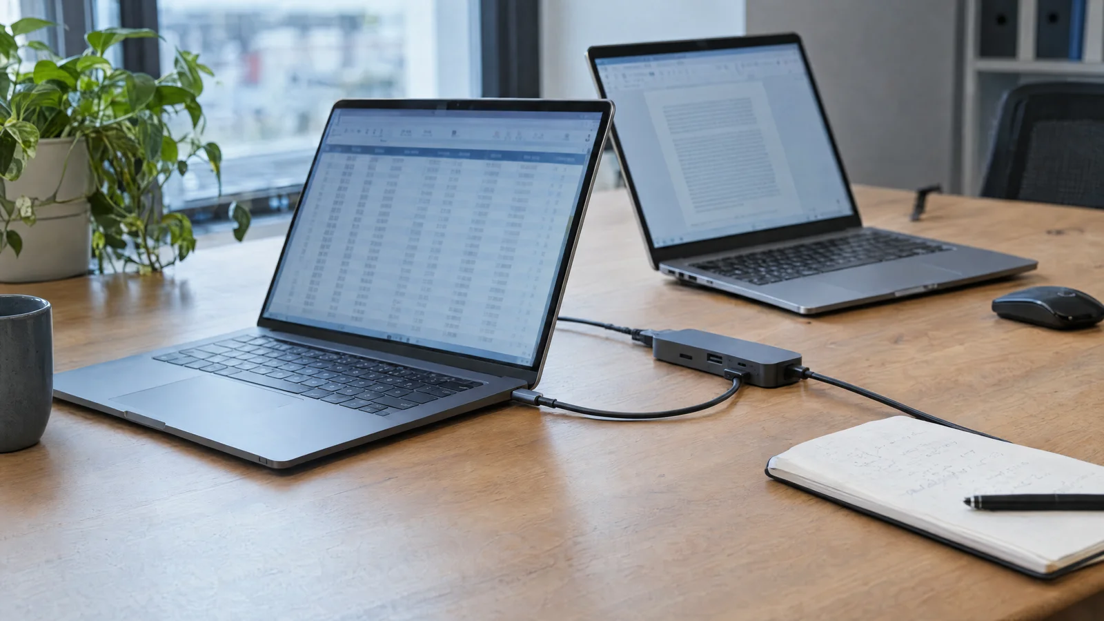 Zwei Laptops mit Tabellenansichten stehen verbunden an einem Arbeitsplatz.