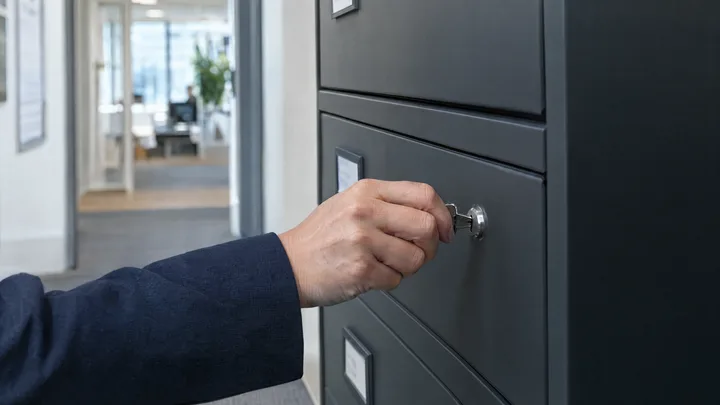 Eine Hand schließt einen Aktenschrank mit einem Schlüssel ab.