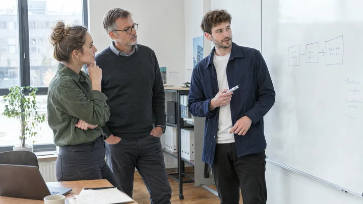 Ein Team bespricht einen Arbeitsablauf vor einem Whiteboard.