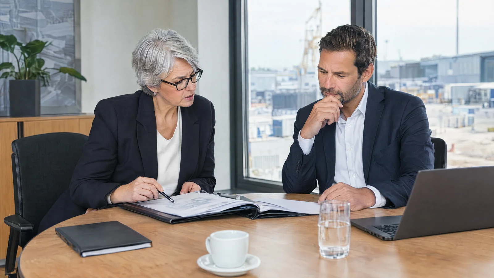 Zwei Fachleute besprechen ein Dossier mit finanziellen Unterlagen.