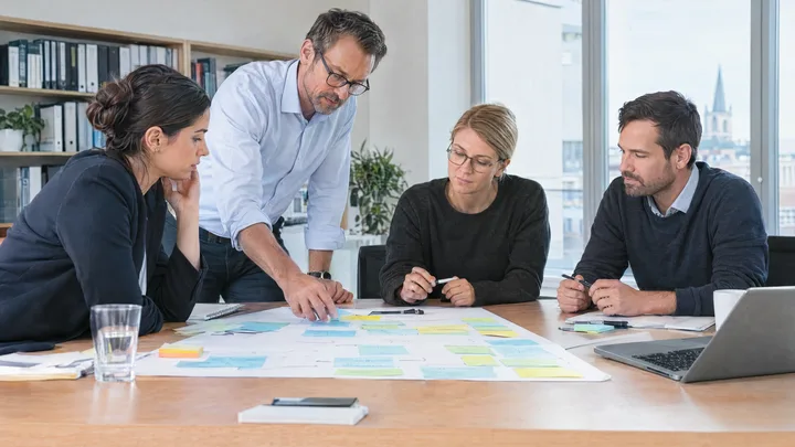 Vier Teammitglieder planen Aufgaben anhand einer übersichtlichen Arbeitsunterlage.