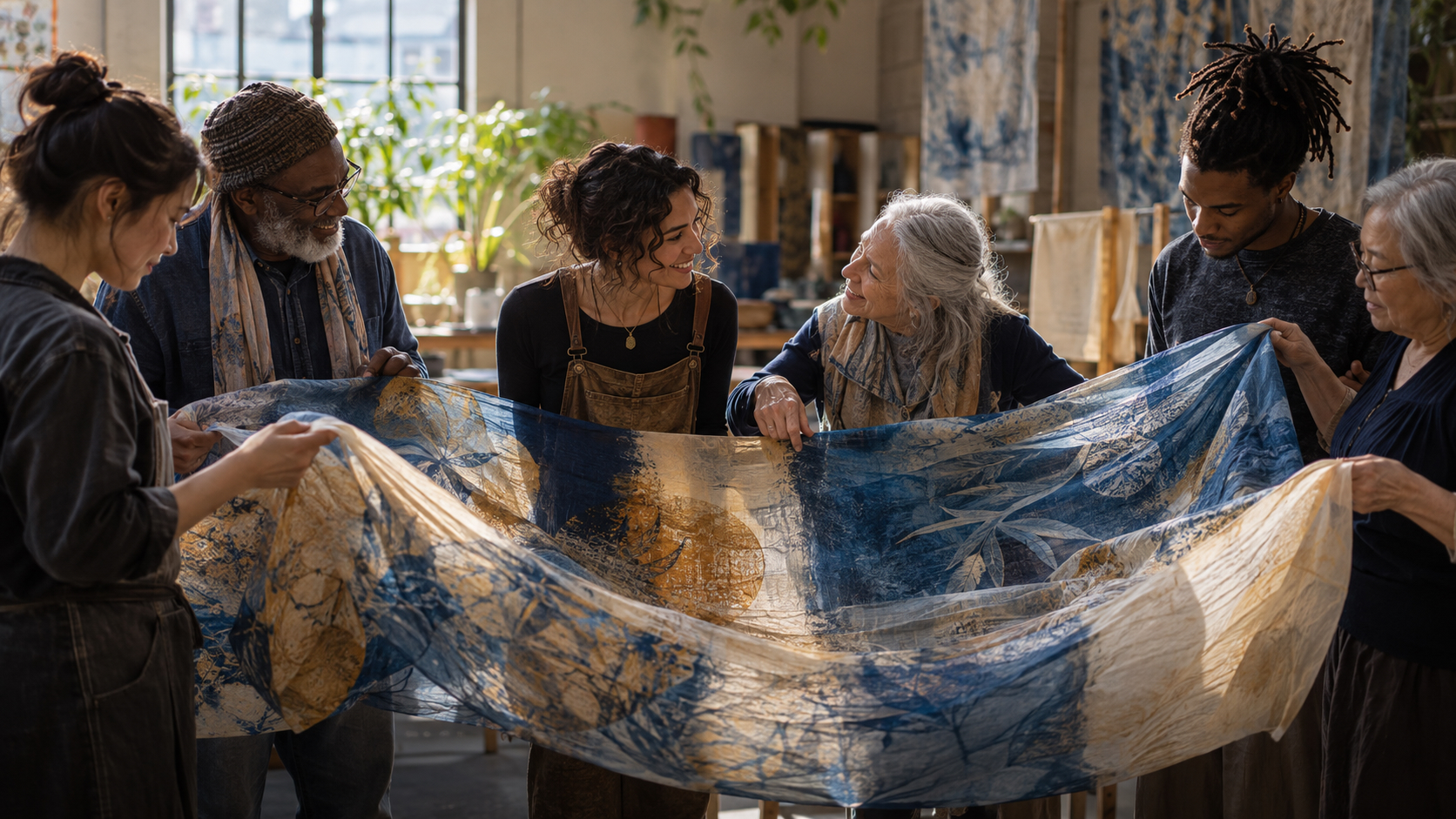 Younger and older adults sharing a collaborative fabric artwork in an art studio.