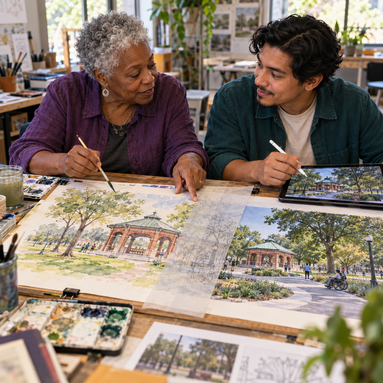 An older and younger adult combine watercolor and digital imagery into a shared portrait of a neighborhood park.