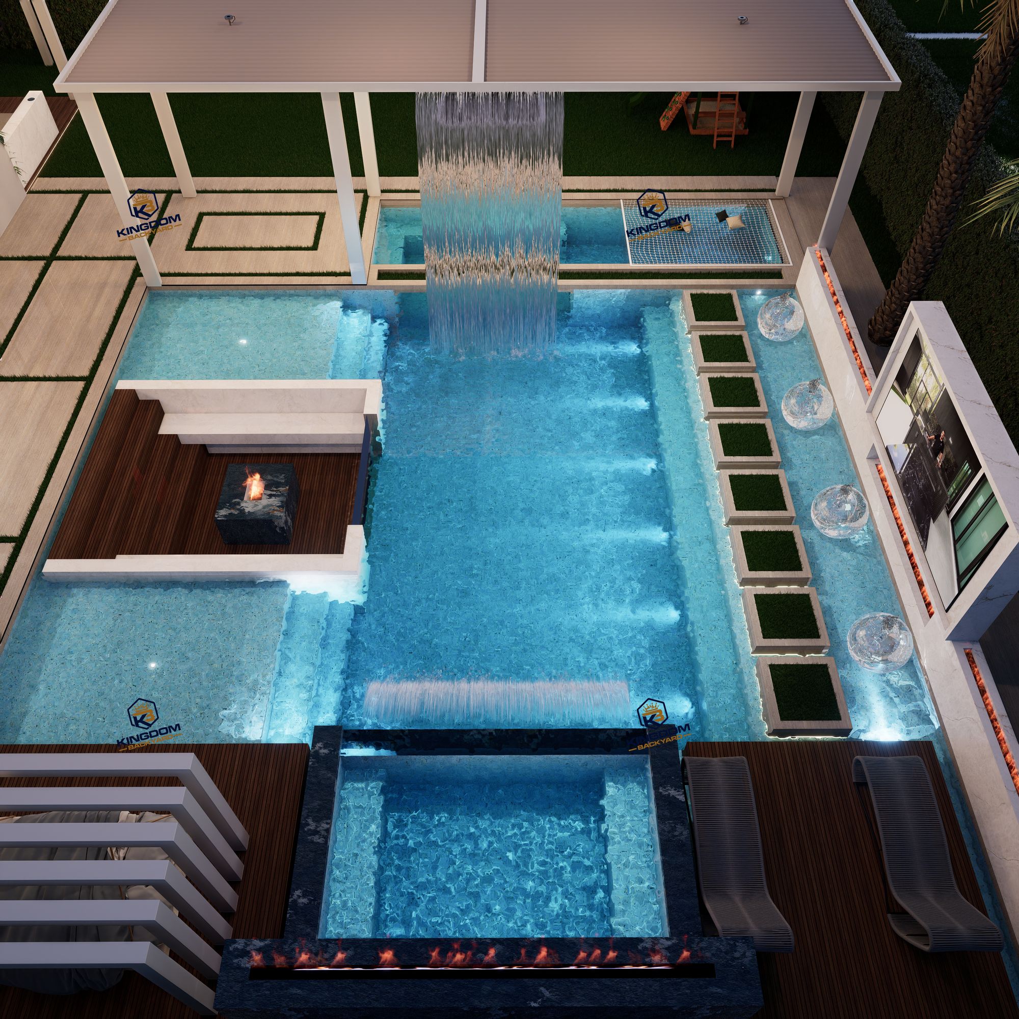 Aerial view of a complete backyard with pool, pergola and outdoor kitchen