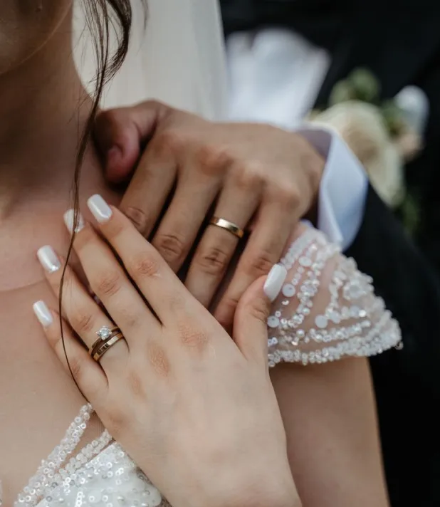 Close-up of the couple's hands and rings