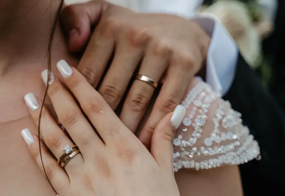 Wedding rings on the couple's hands