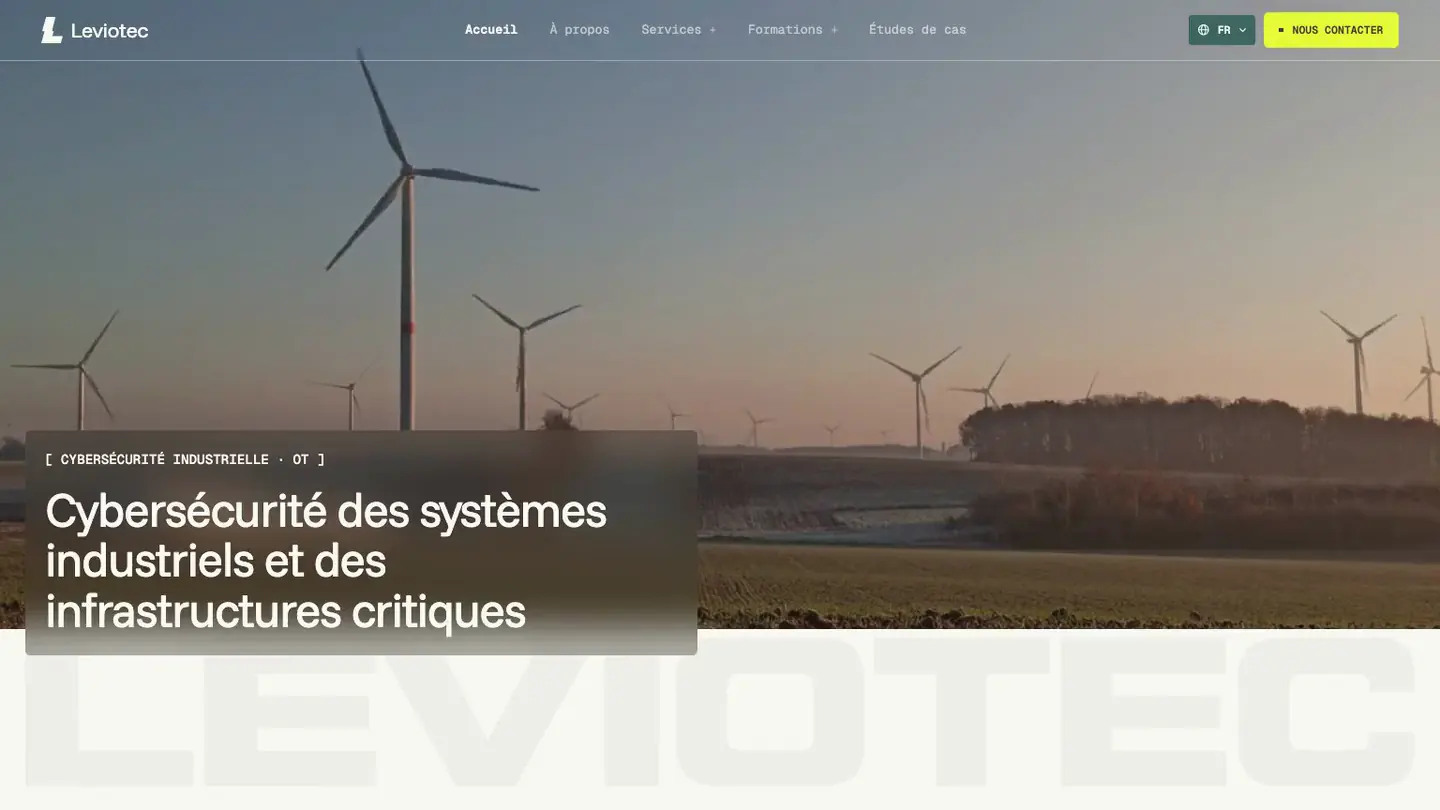La page d'accueil du site de Leviotec, en ligne