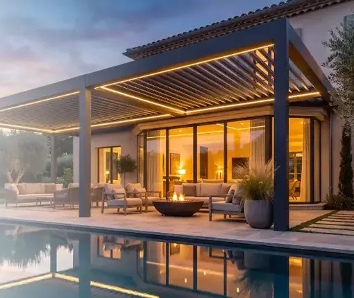 Pergola éclairée au crépuscule, au bord d'une piscine