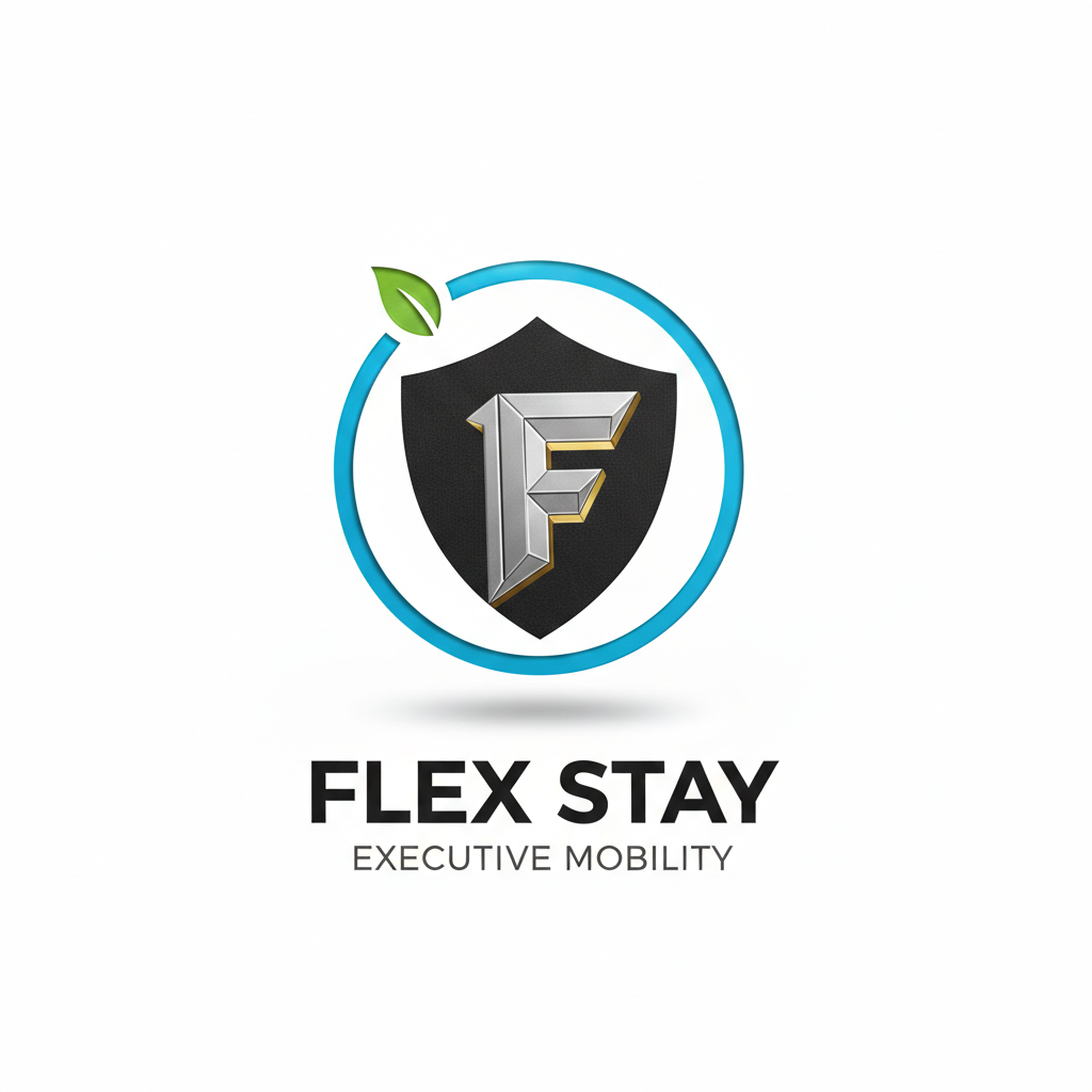 Logo featuring a metallic letter F on a black shield inside a blue circular line with a green leaf at the top left, with text below saying 'FLEX STAY' and 'EXECUTIVE MOBILITY'.