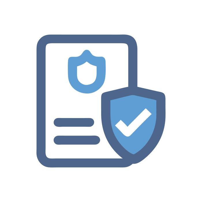 Illustration of a compliance document with a shield icon at the top and a larger shield with a checkmark overlapping the document's bottom right corner.