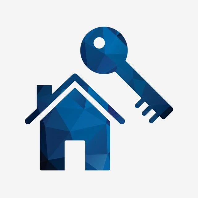 Blue geometric icon of a house with a key overlapping the roof on a light gray background.