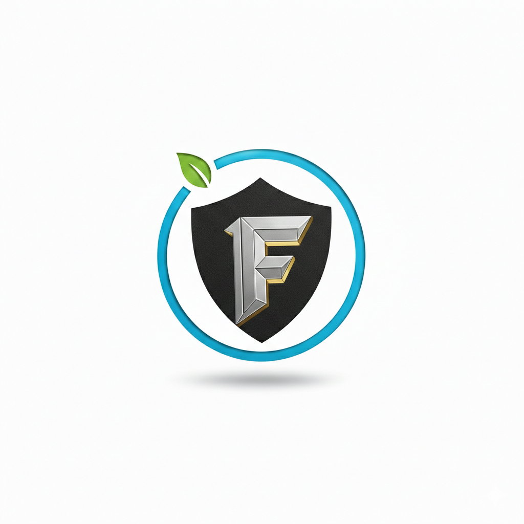 Logo featuring a metallic 3D letter F centered on a black shield, encircled by a blue ring with a small green leaf on the upper left side.