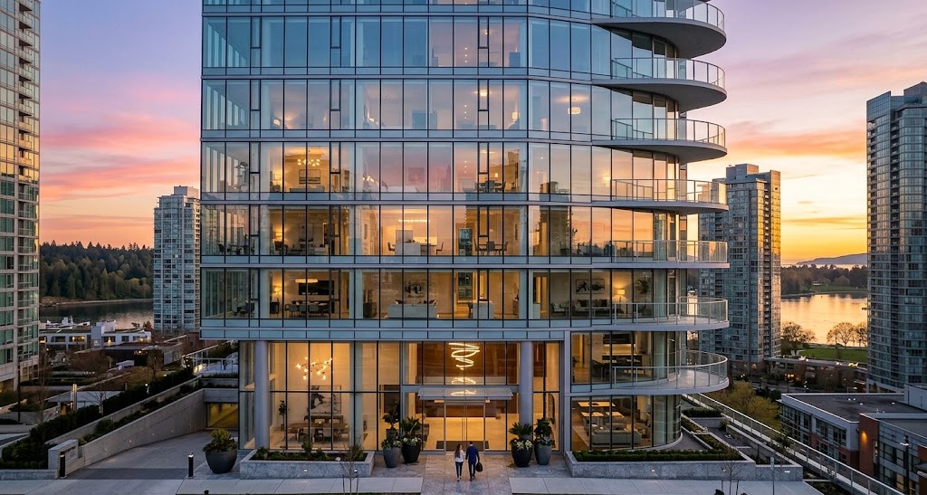 Modern glass apartment building with curved balconies at sunset, showing warm interior lighting and two people walking toward the entrance, with a river and other buildings in the background.