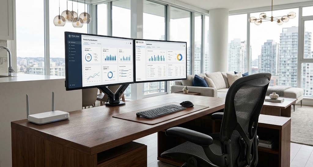 Modern office setup featuring a wooden desk with dual monitors displaying dashboards, a wireless keyboard and mouse, and a white router, with a black ergonomic chair in front and a bright living area with a beige sectional sofa and large windows overlooking a cityscape of high-rise buildings.