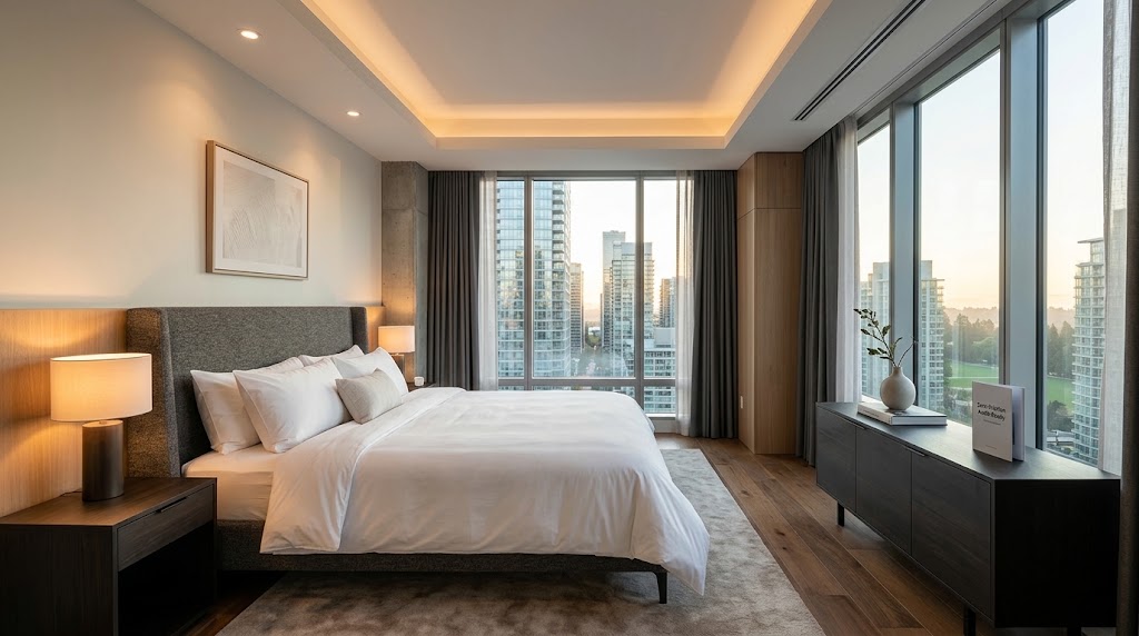 Modern bedroom with a large bed covered in white linens, bedside table with lamp, floor-to-ceiling windows with curtains, a wooden dresser with books and a vase, and a cityscape view outside.