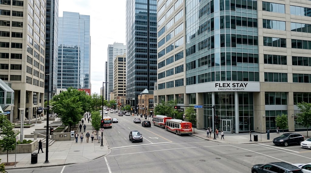 Urban street scene with multi-story office buildings, people walking on sidewalks, cars and two red and white city buses on the road, and a building with a sign reading 'FLEX STAY EXECUTIVE MOBILITY'.