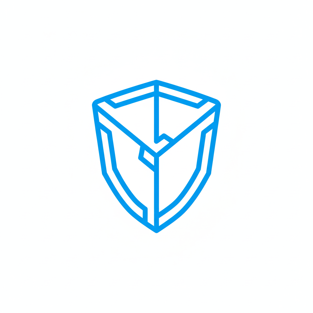 Blue outlined geometric shield icon with angular lines and a three-dimensional appearance on a white background.