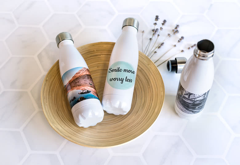 Edelstahl-Trinkflasche mit Foto – Weiß oder Grau