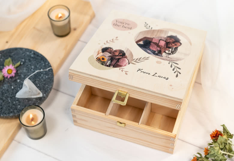 Teebox aus Holz mit Druck