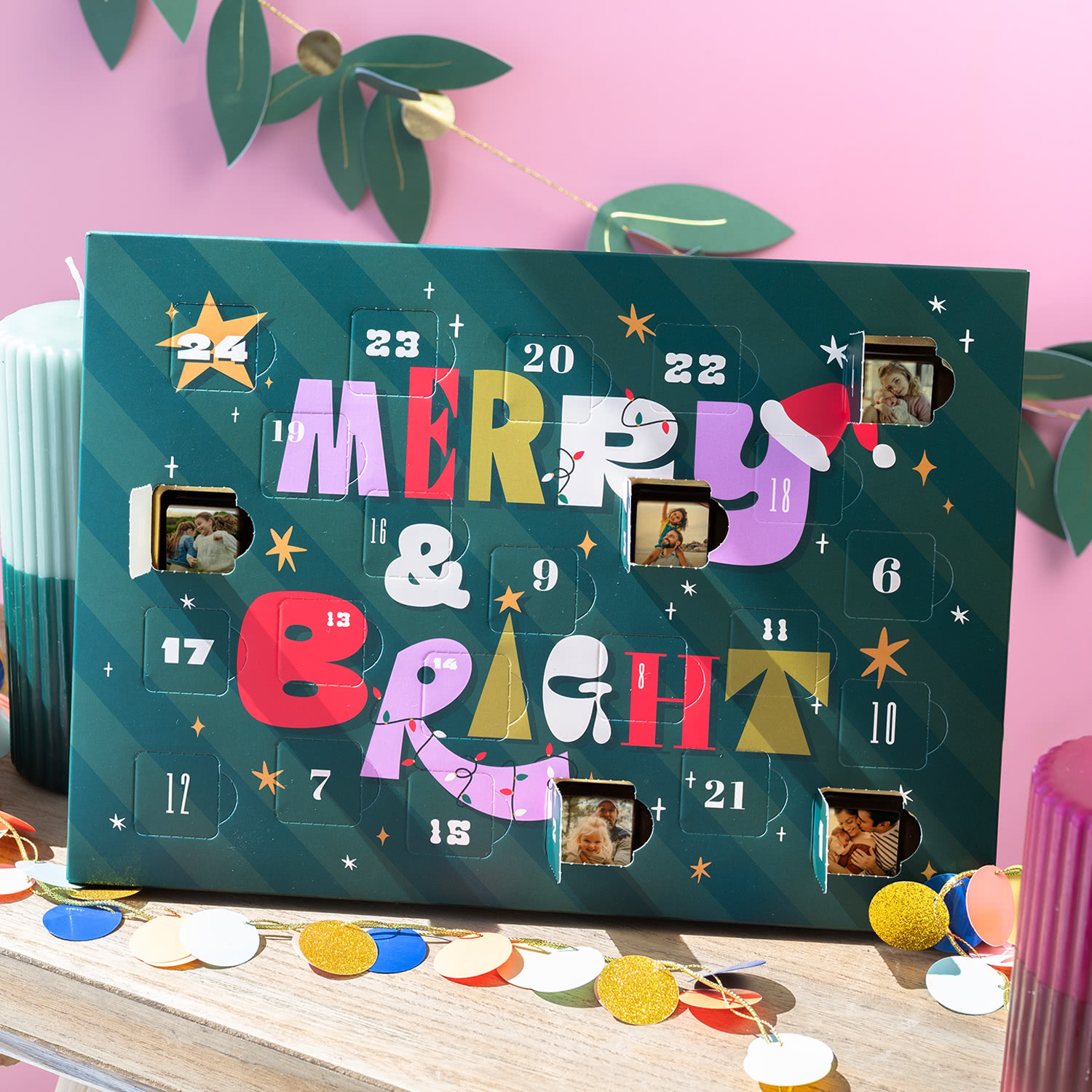 Schoko-Adventskalender mit Foto-Pralinen – Merry & Bright