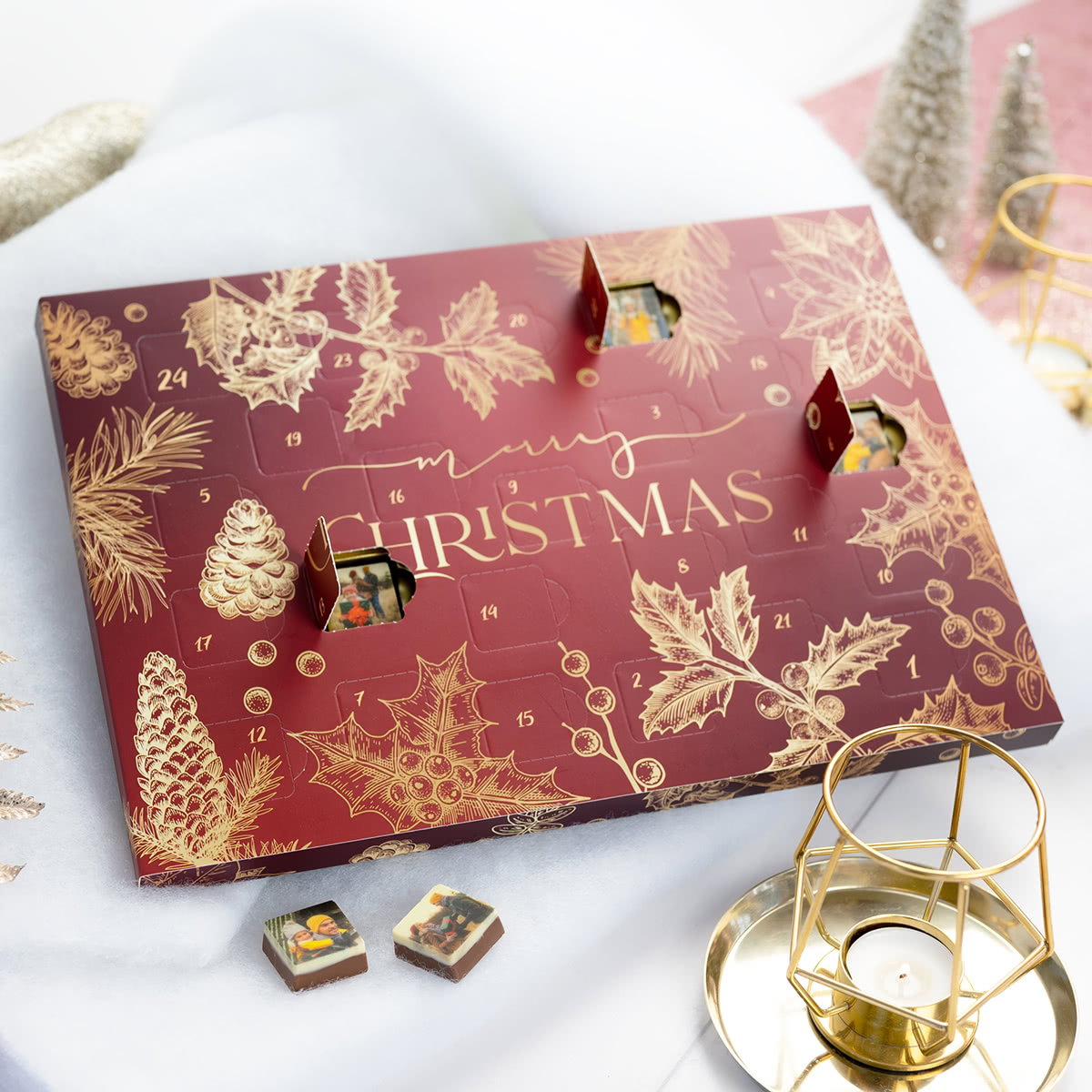 Schoko-Adventskalender mit Foto-Pralinen – Goldene Weihnachten