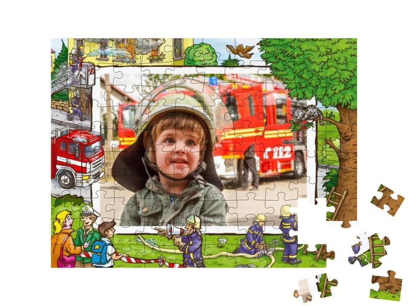 Feuerwehr-Kinderpuzzle mit Foto, 100 Teile