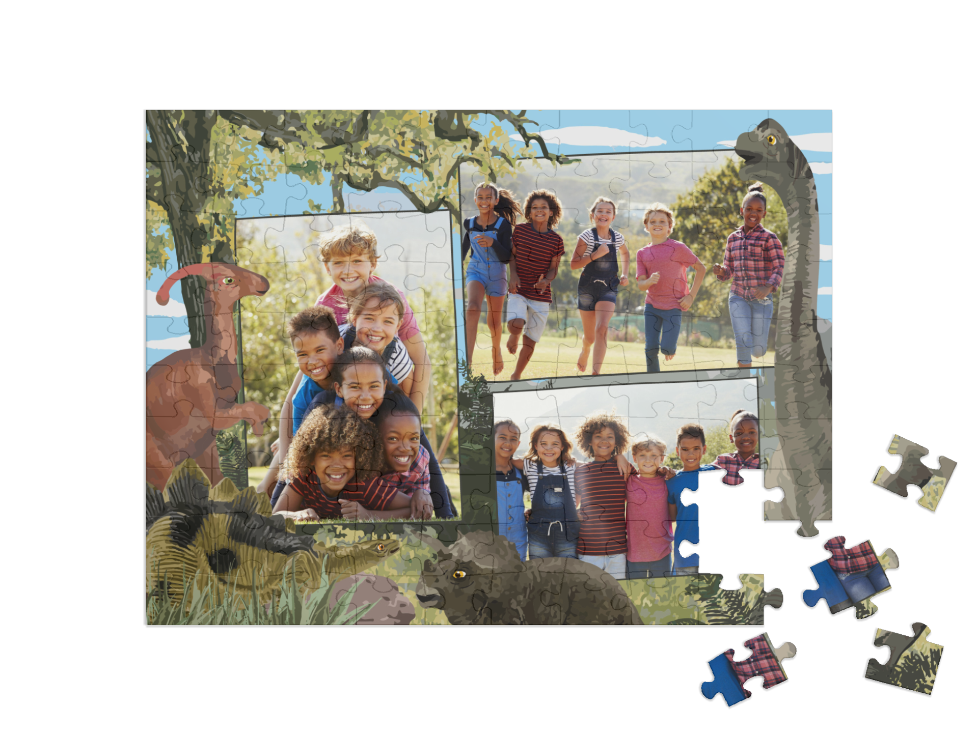 Dino-Kinderpuzzle „Abenteuer“ als Collage, Querformat