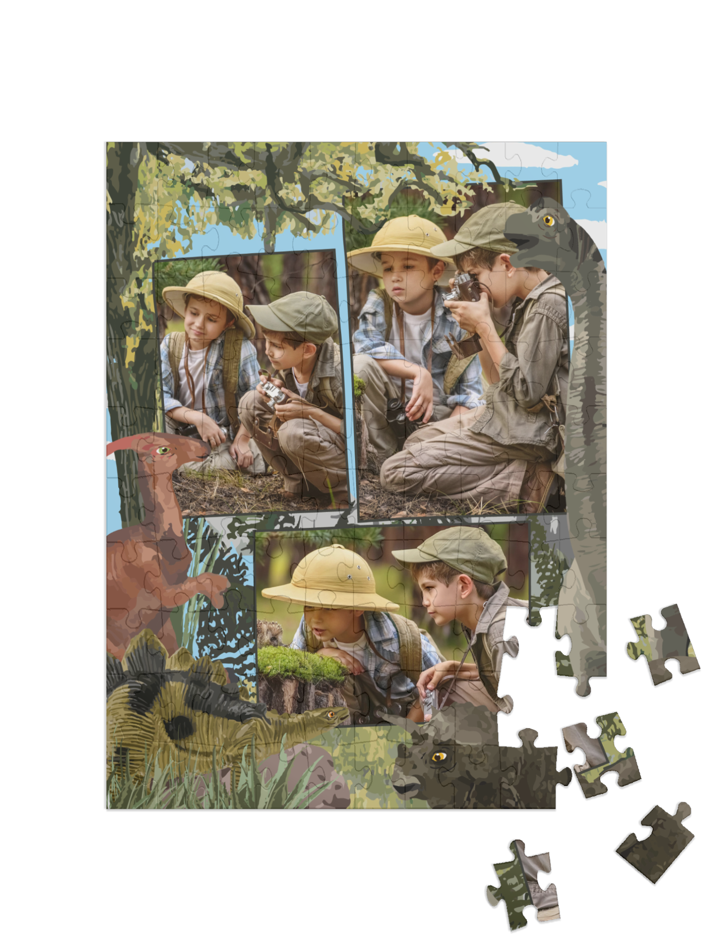 Dino-Kinderpuzzle „Abenteuer“ als Collage, Hochformat