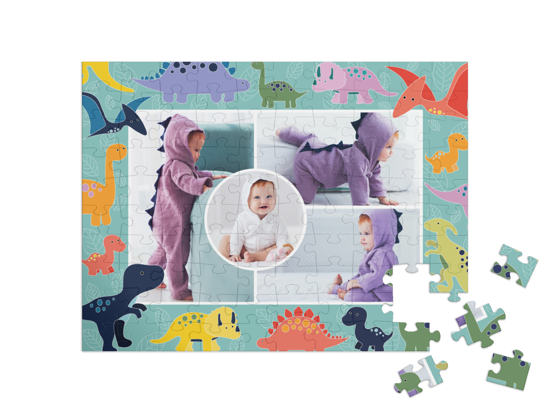 Dino-Kinderpuzzle „Farbenspiel“ als Collage, Querformat