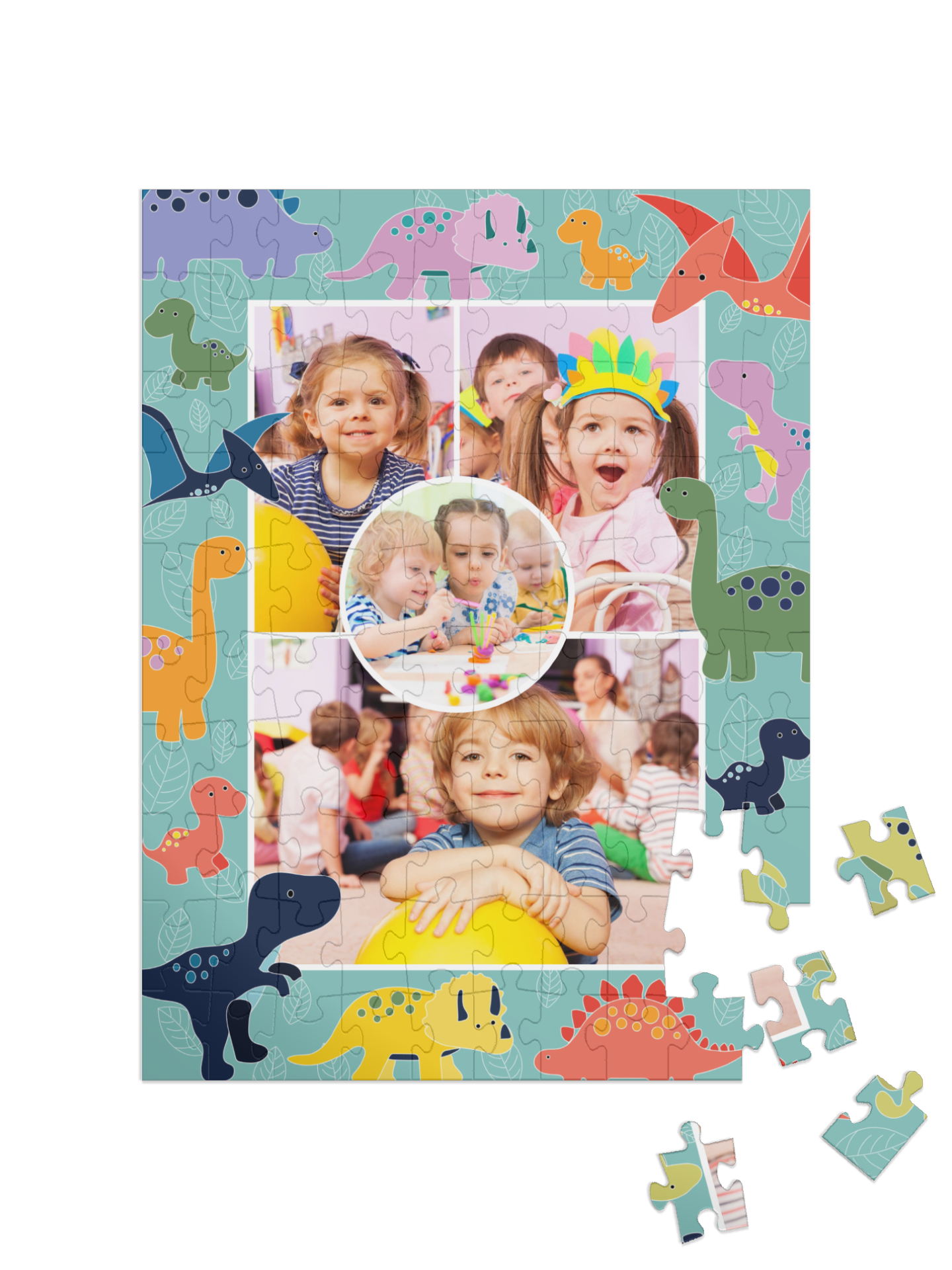 Dino-Kinderpuzzle „Farbenspiel“ als Collage, Hochformat