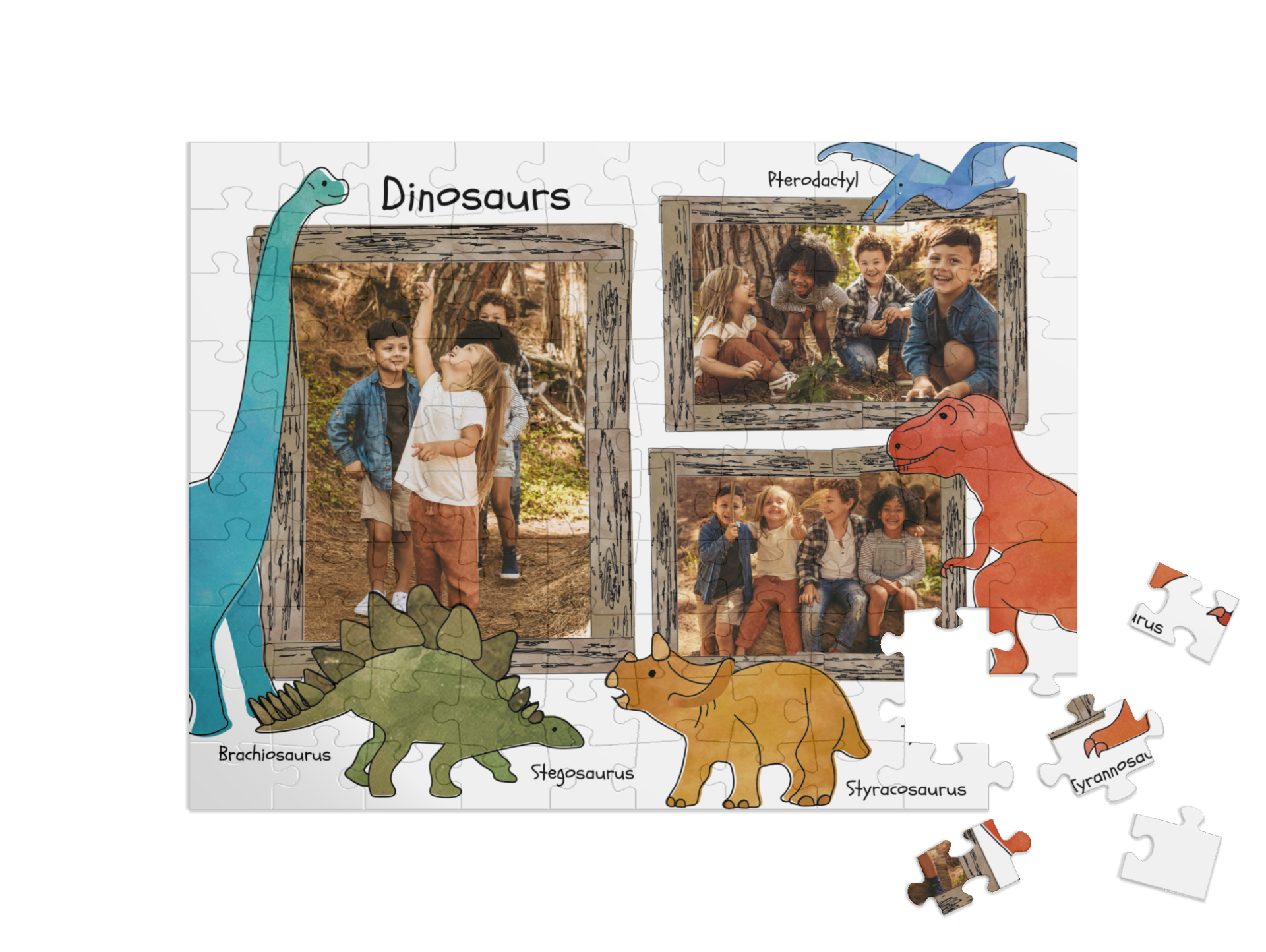 Dino-Kinderpuzzle „Wissen“ als Collage, Querformat