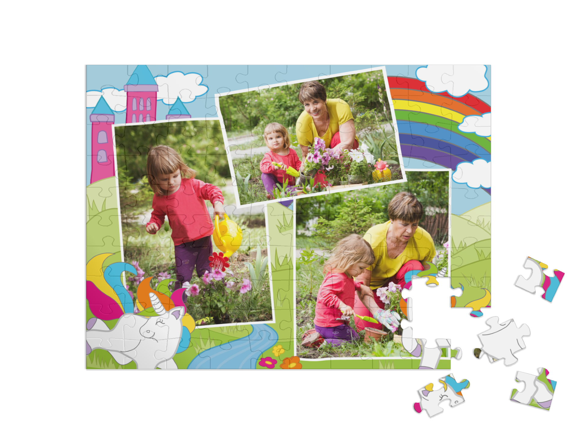 Einhorn-Kinderpuzzle „Regenbogenland“ als Collage, quer