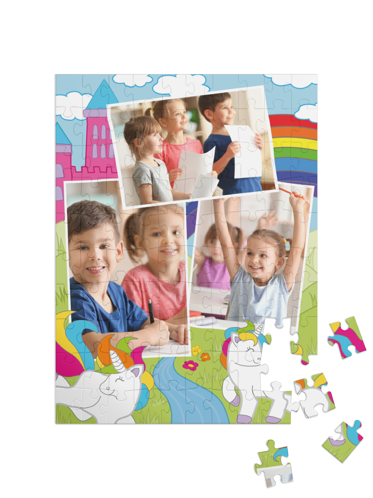 Einhorn-Kinderpuzzle „Regenbogenland“ als Collage, hoch