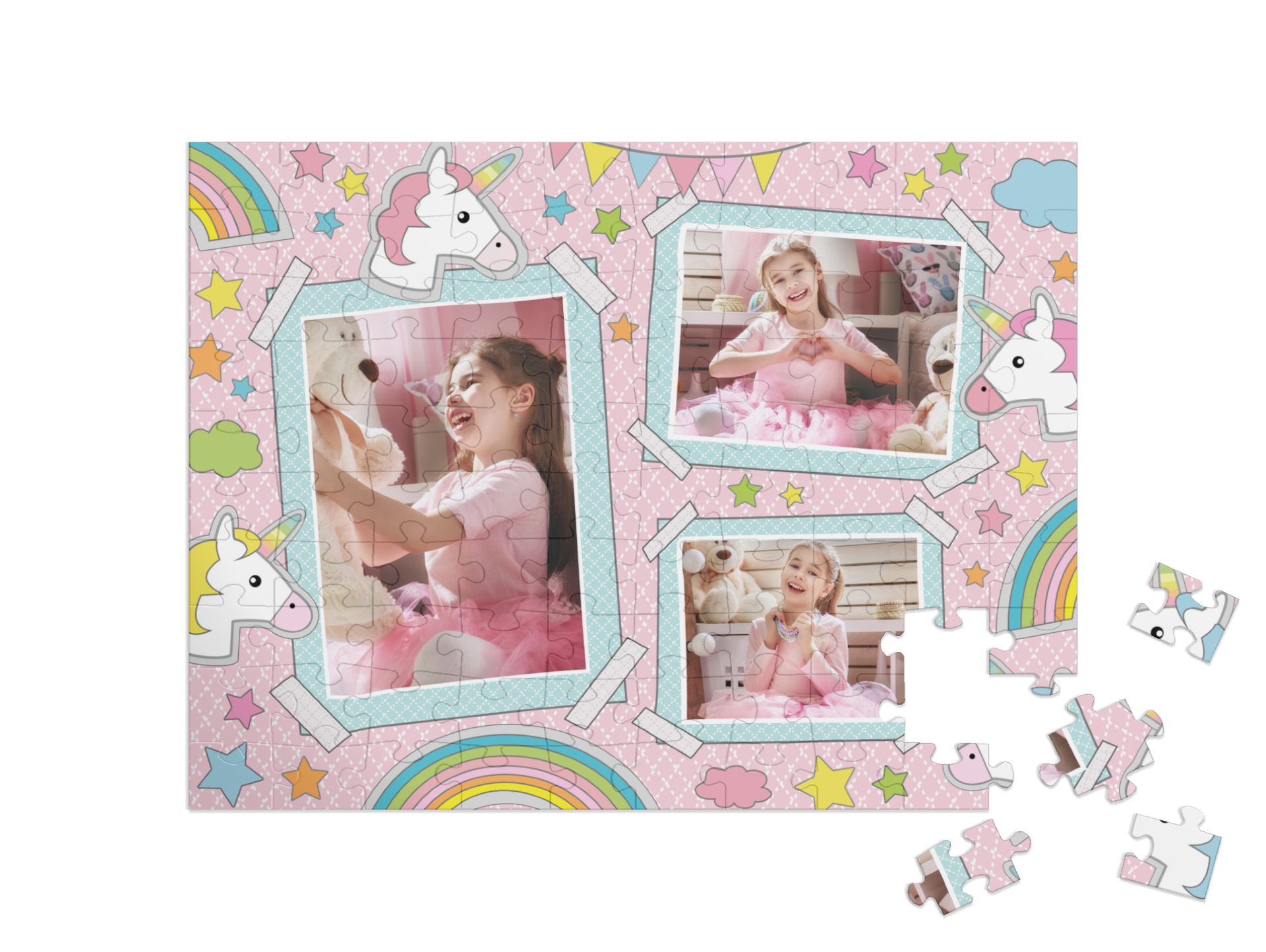 Einhorn-Kinderpuzzle „Sticker-Glück“ als Collage, quer
