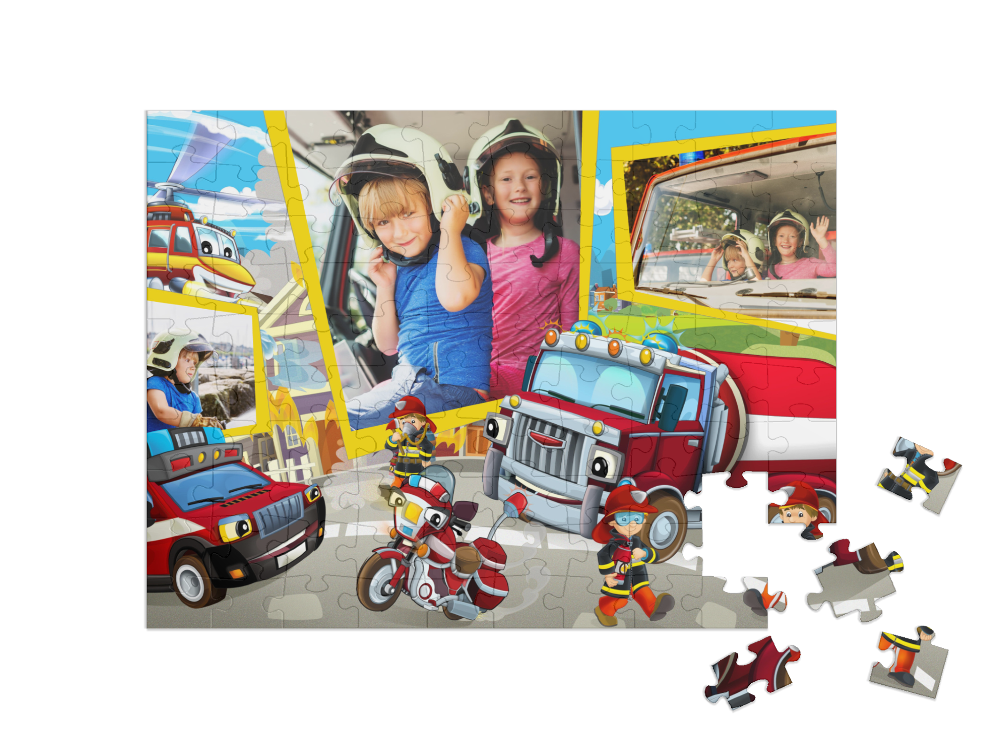 Feuerwehr-Kinderpuzzle „In Aktion“ als Collage, quer
