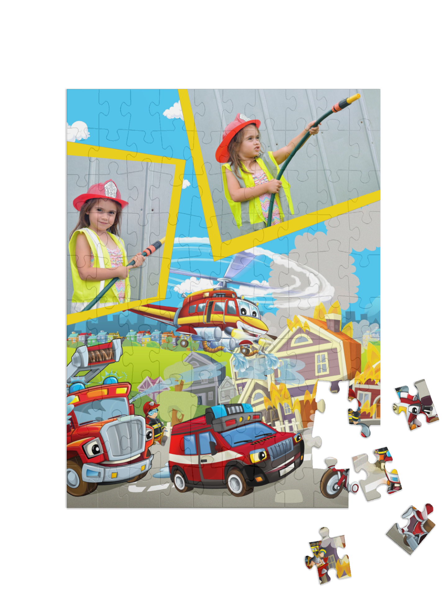 Feuerwehr-Kinderpuzzle „In Aktion“ als Collage, hoch