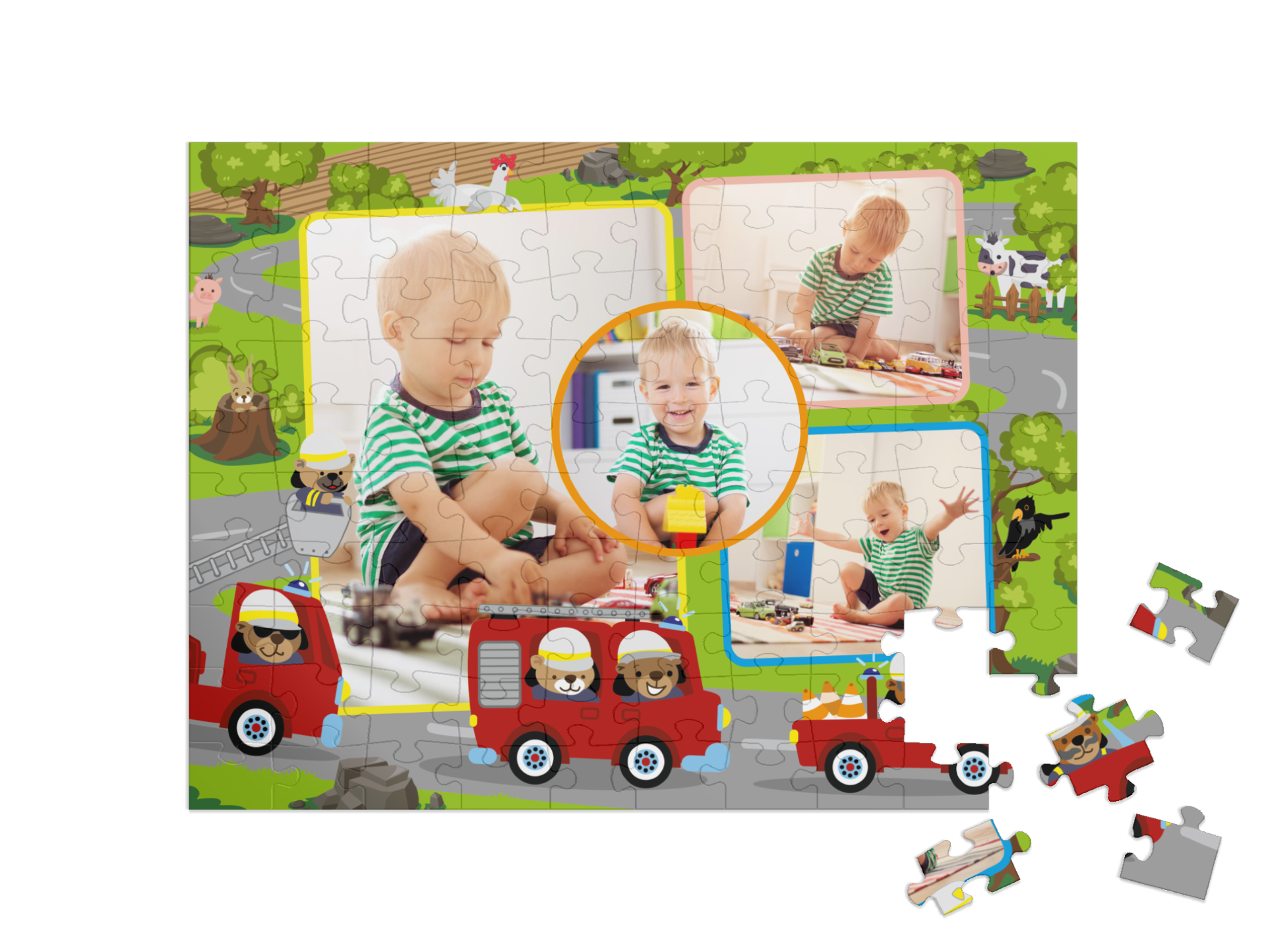 Feuerwehr-Kinderpuzzle „Am Ausrücken“ als Collage, quer