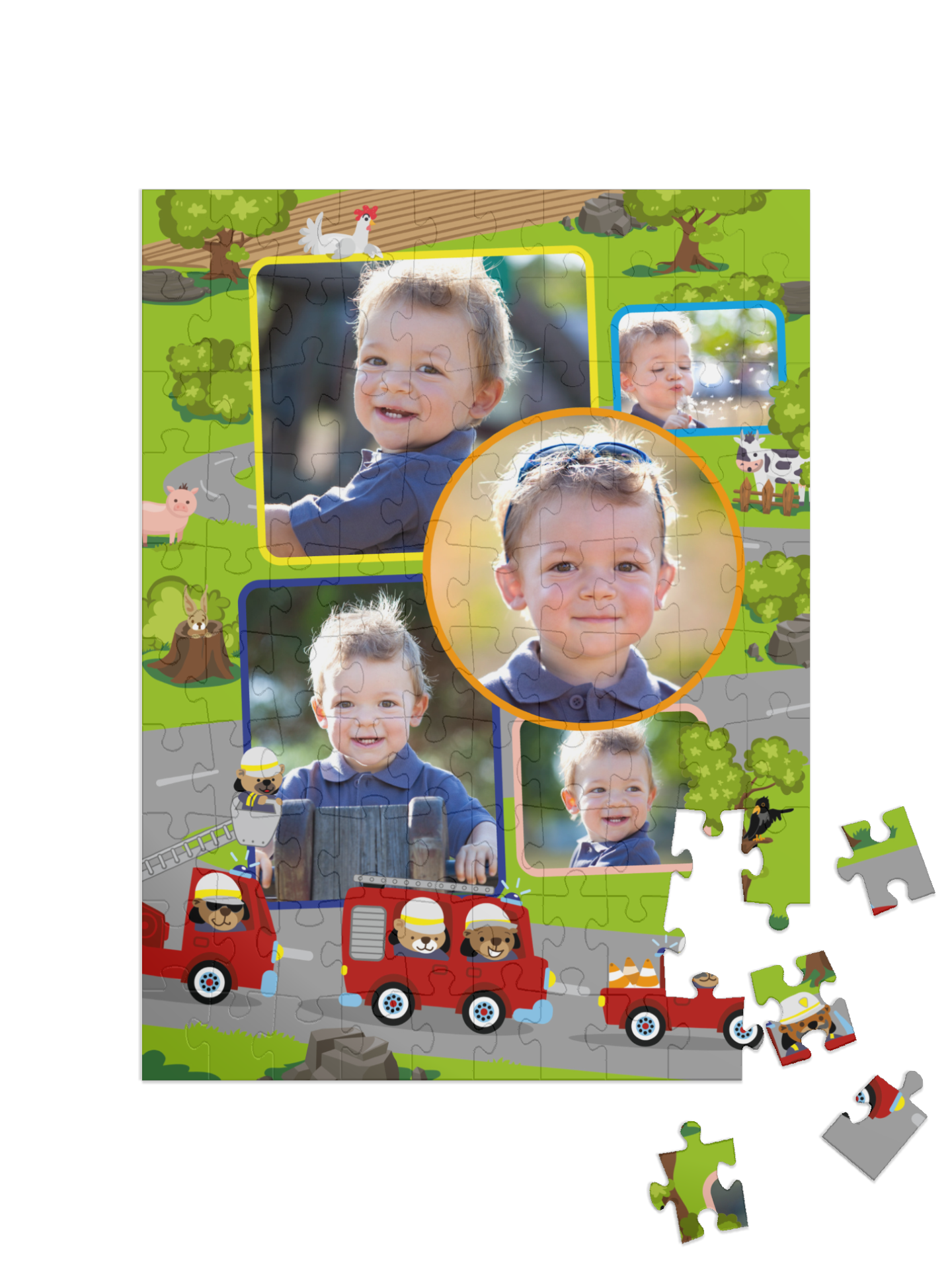 Feuerwehr-Kinderpuzzle „Am Ausrücken“ als Collage, hoch