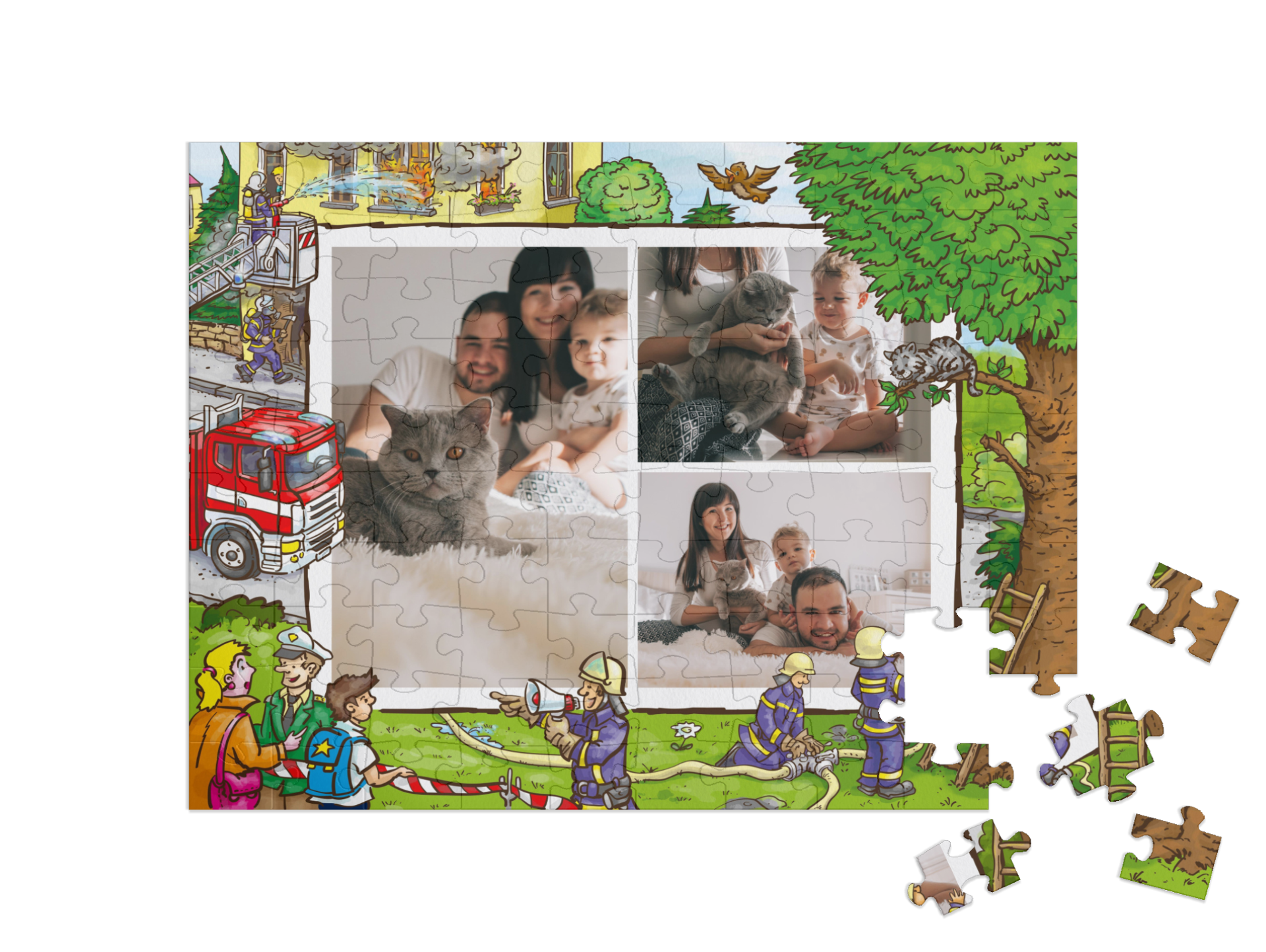 Feuerwehr-Kinderpuzzle „Beim Helfen“ als Collage, quer