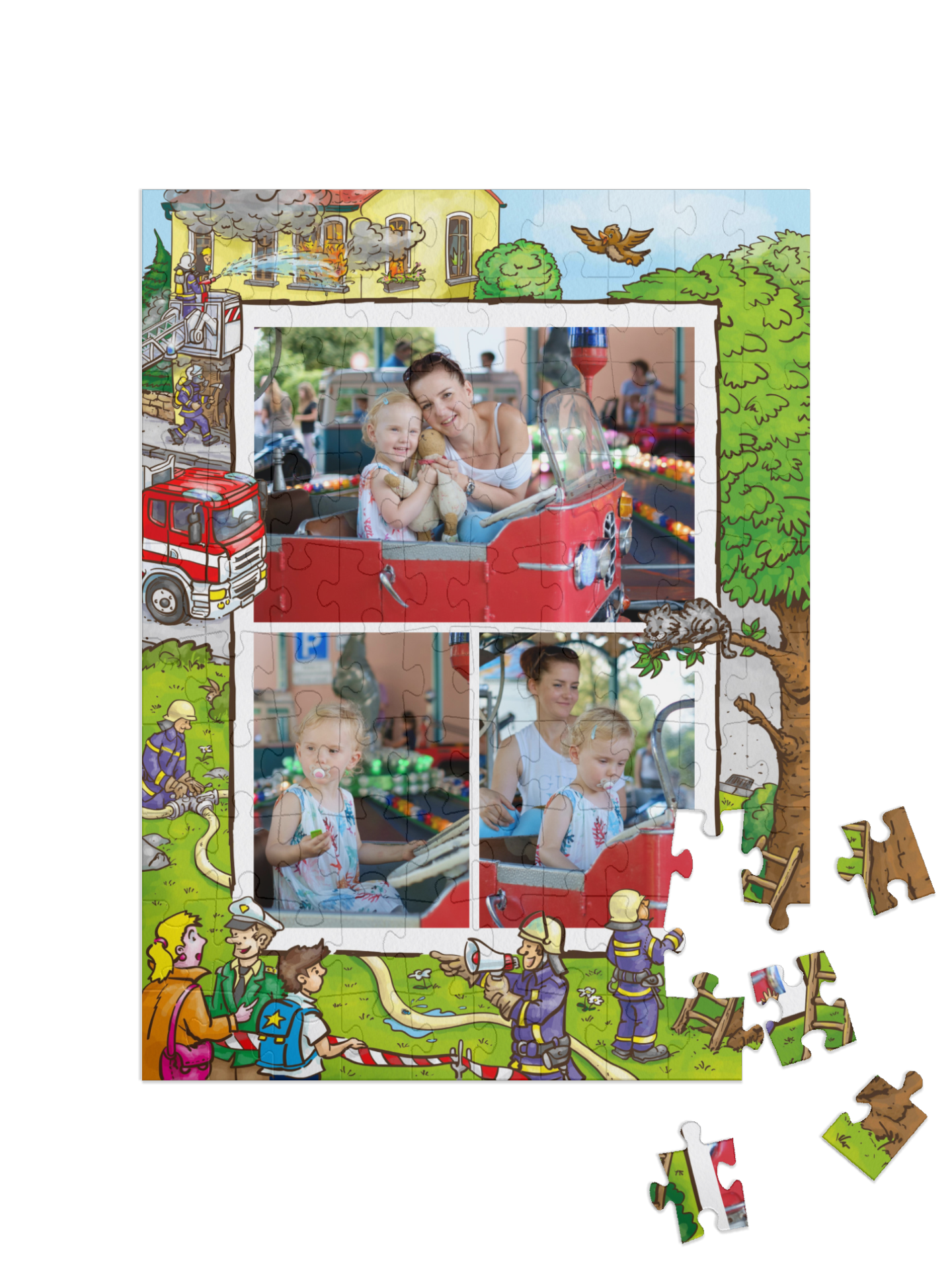 Feuerwehr-Kinderpuzzle „Beim Helfen“ als Collage, hoch